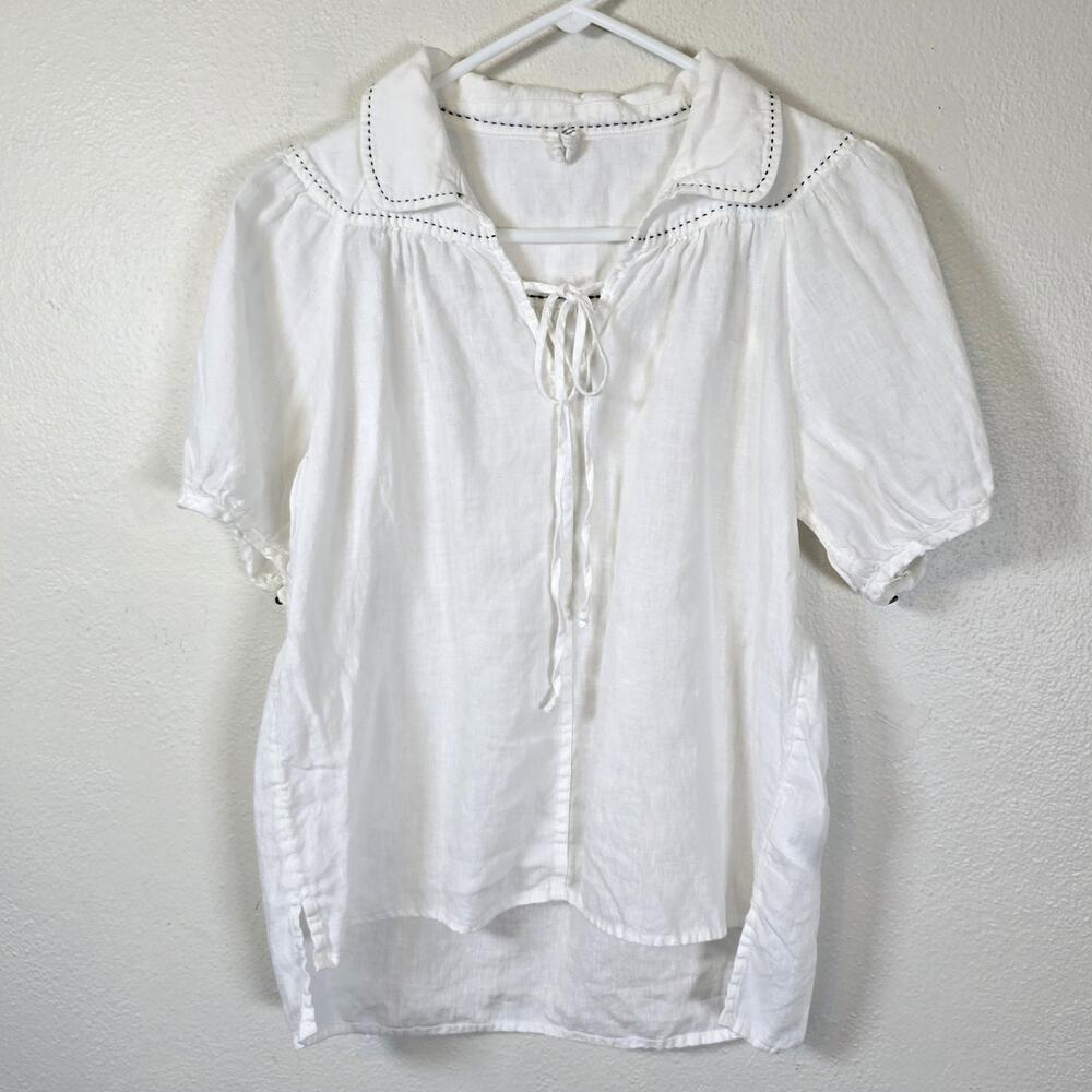 By Anthropologie Collared Linen Blouse Women's XS White Beachy Coastal Casual